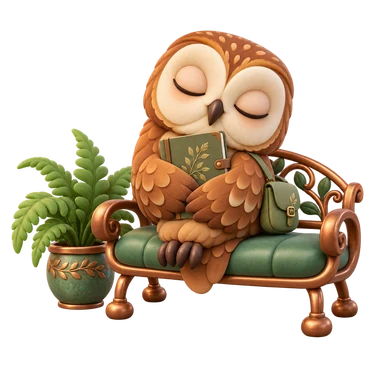 The owl gardener rests on a little copper bench beside a fern.